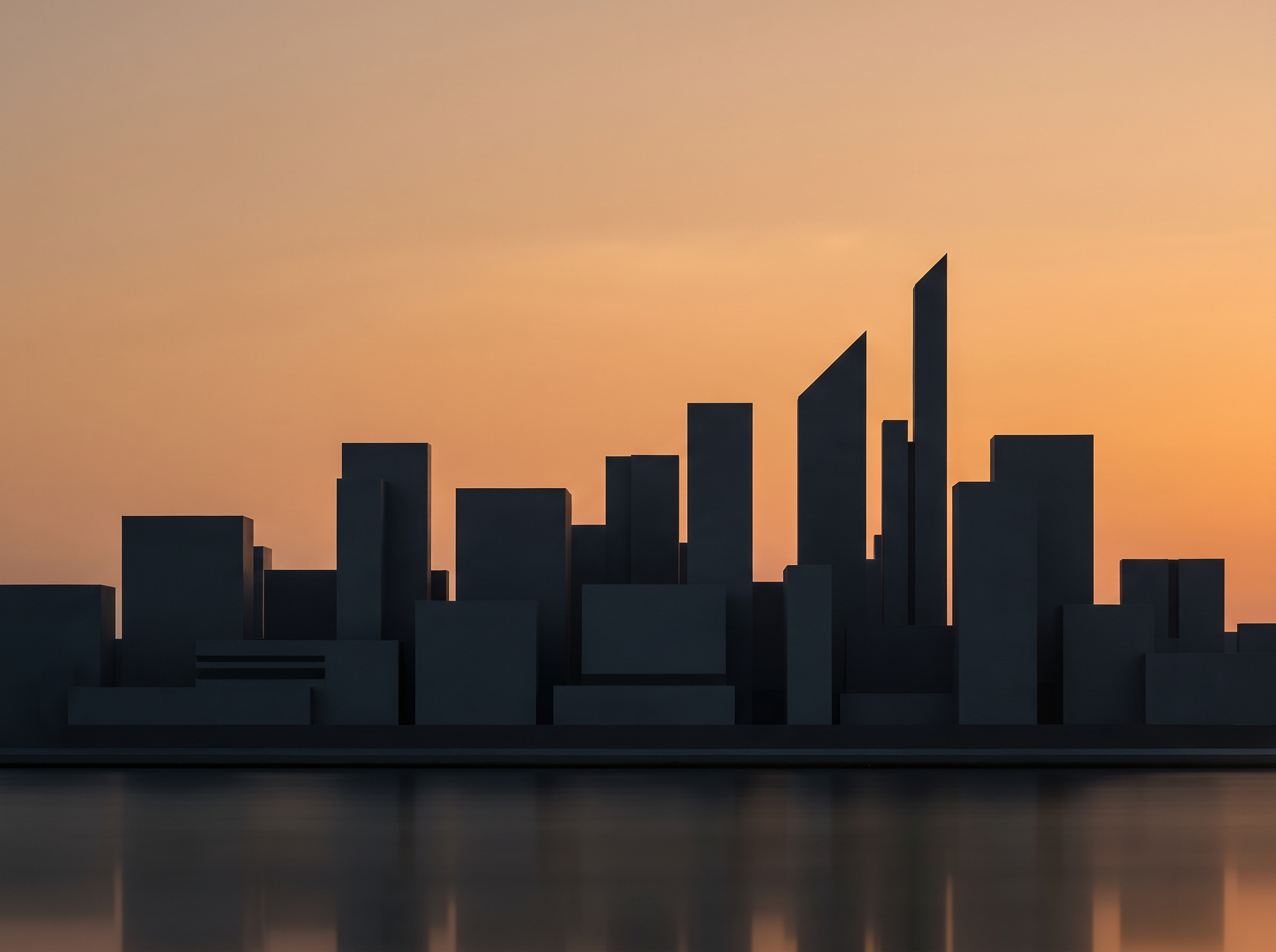 Abstract dark city skyline silhouette at dusk with amber sky