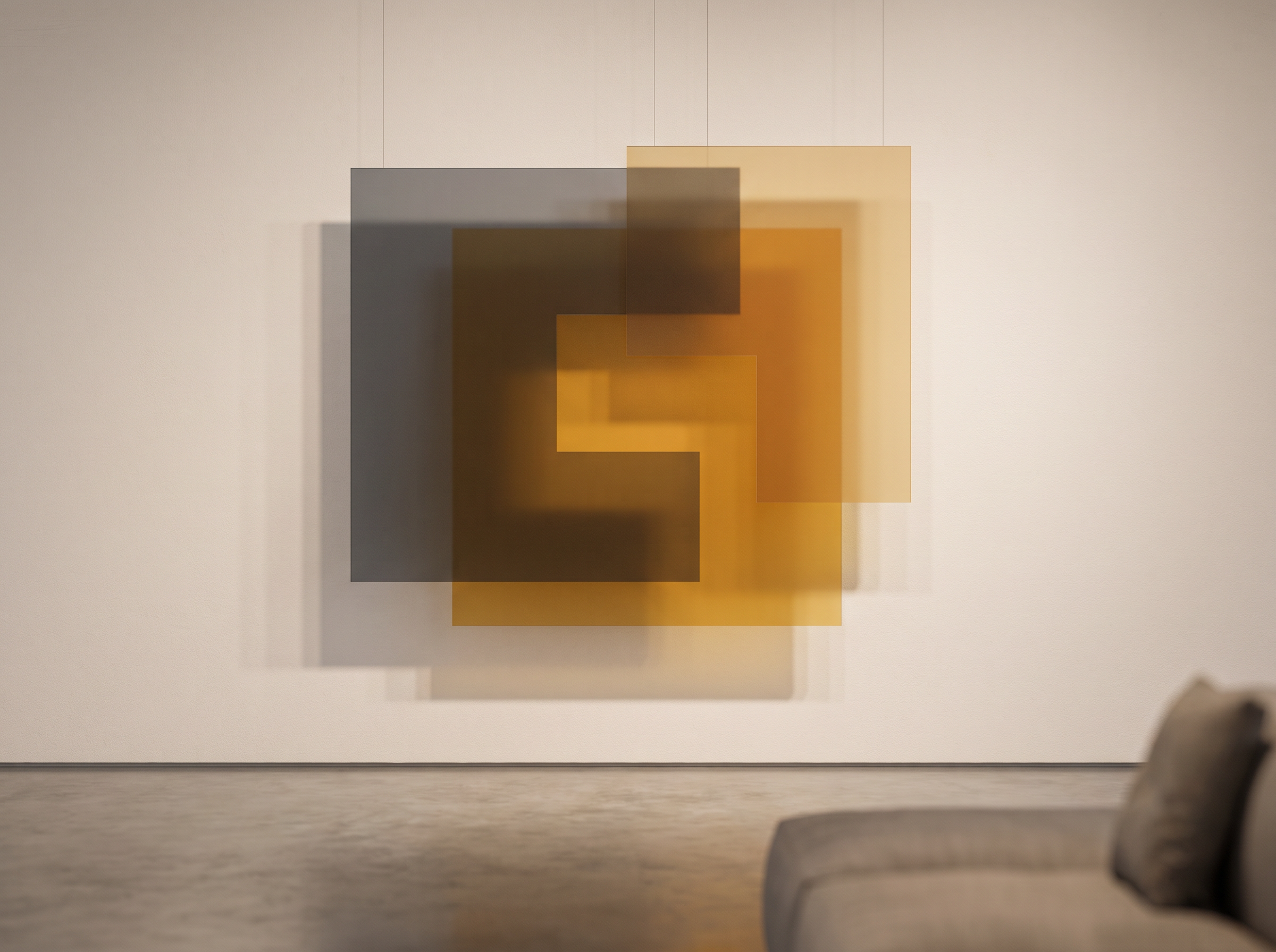 Abstract overlapping geometric planes in charcoal and amber, representing structured strategy
