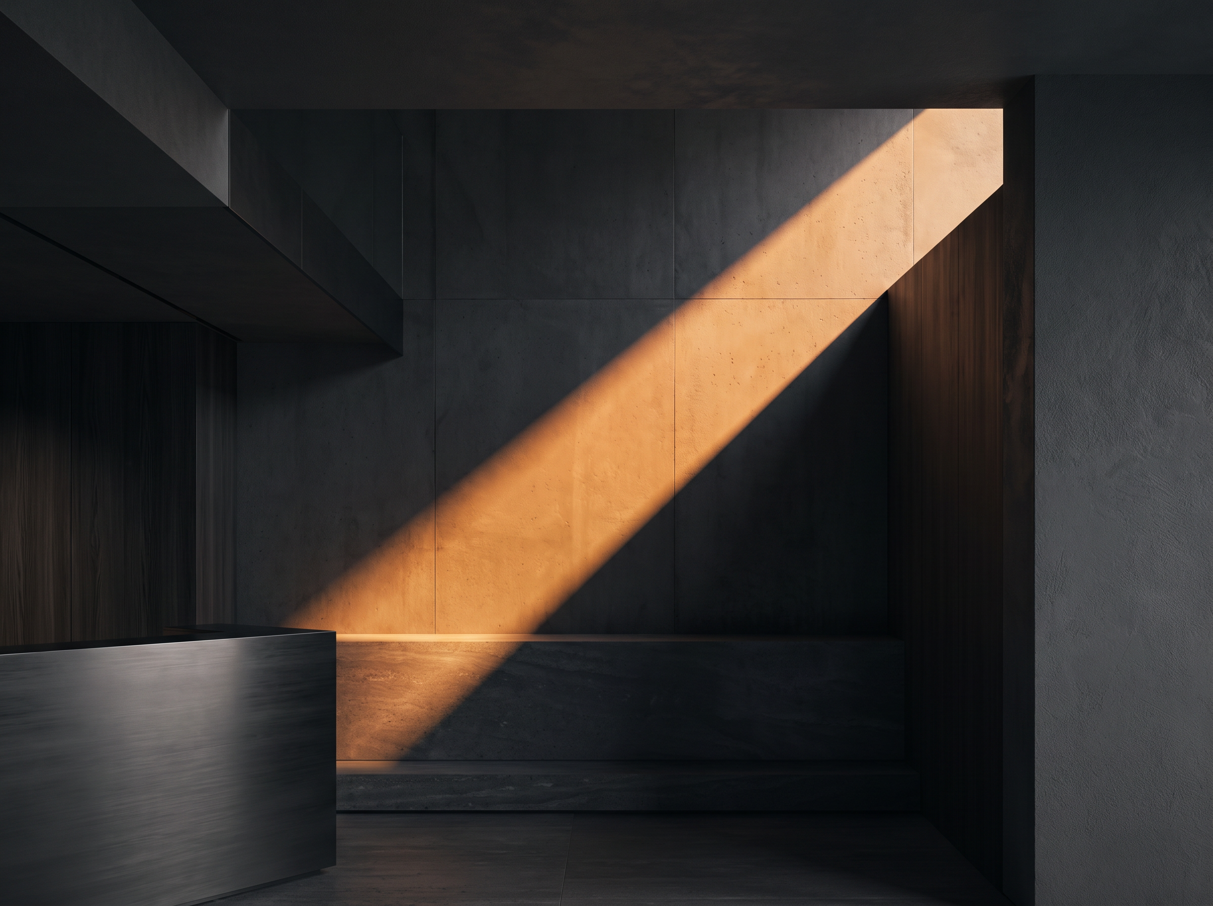 Abstract dark advisory office interior with a single beam of warm light, representing focused strategic clarity